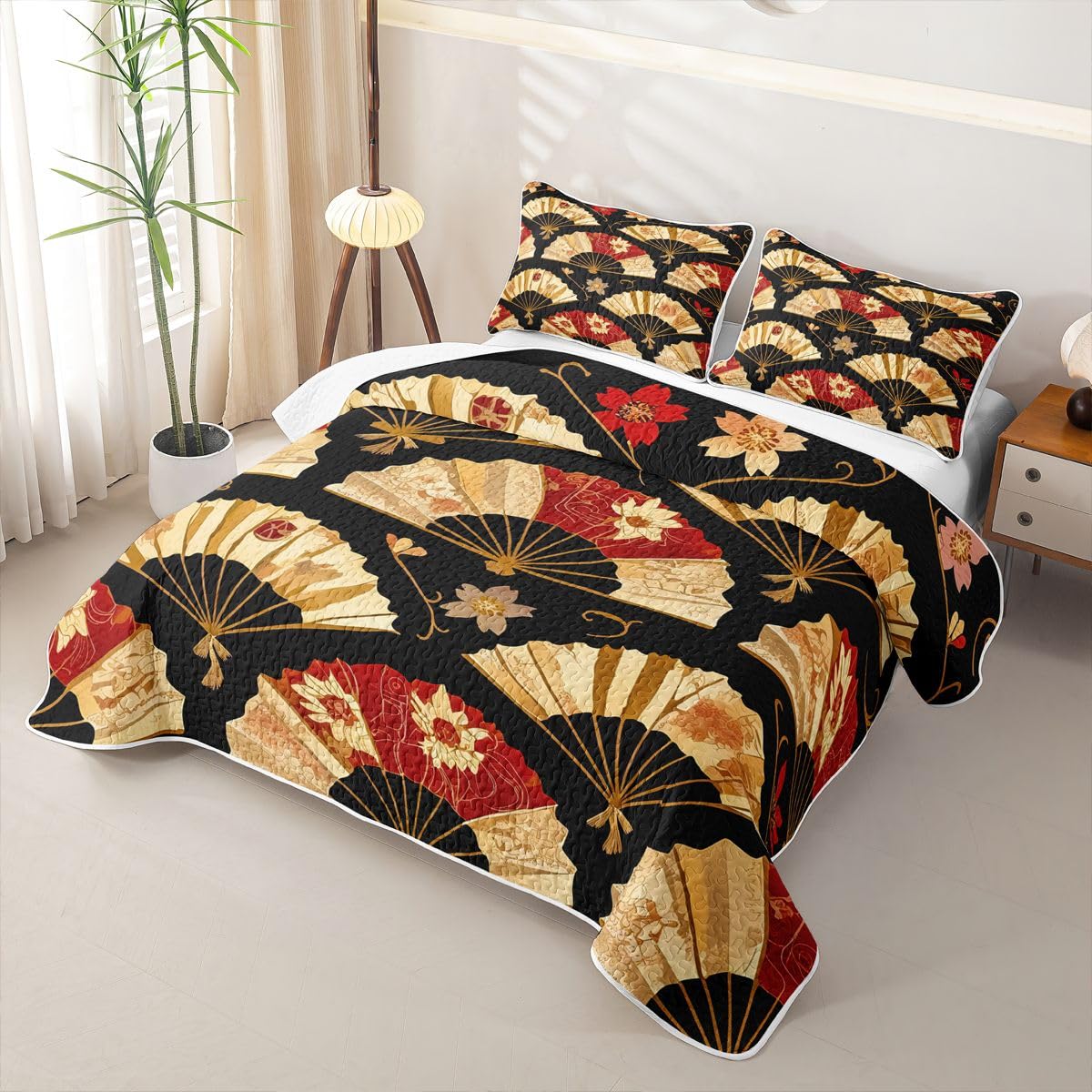 Erosebridal Japanese Folding Fans Quilt Twin Size - Japanese Style Bedspread Cherry Blossoms Bed Coverlet with 1 Pillowcase