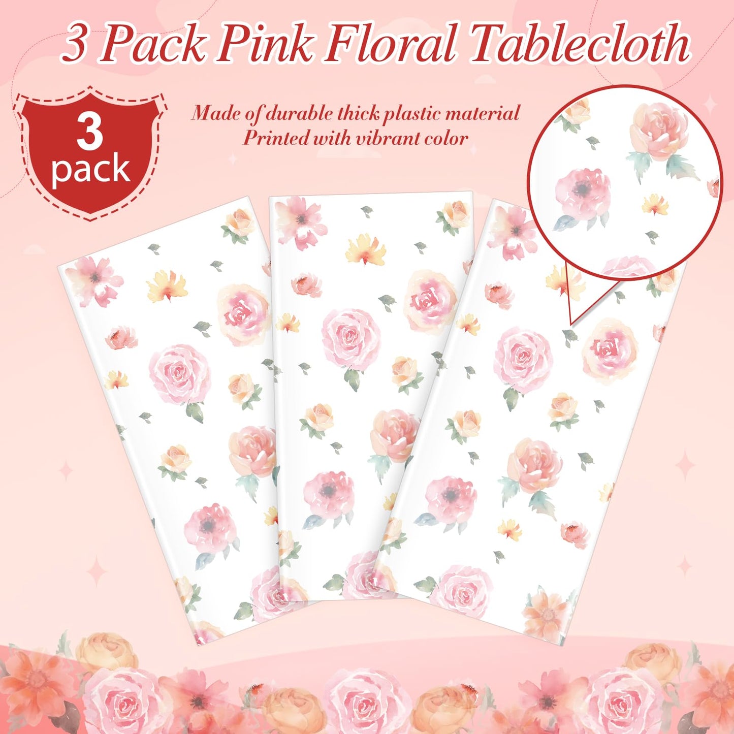 3 Pcs Spring Floral Tablecloth, Pink Wildflower Plastic Disposable Tablecloth Rectangle Table Covers for Easter, Birthday, Wedding, Baby Shower, Tea Party and Mothers Day Decorations,54 x 108 Inch