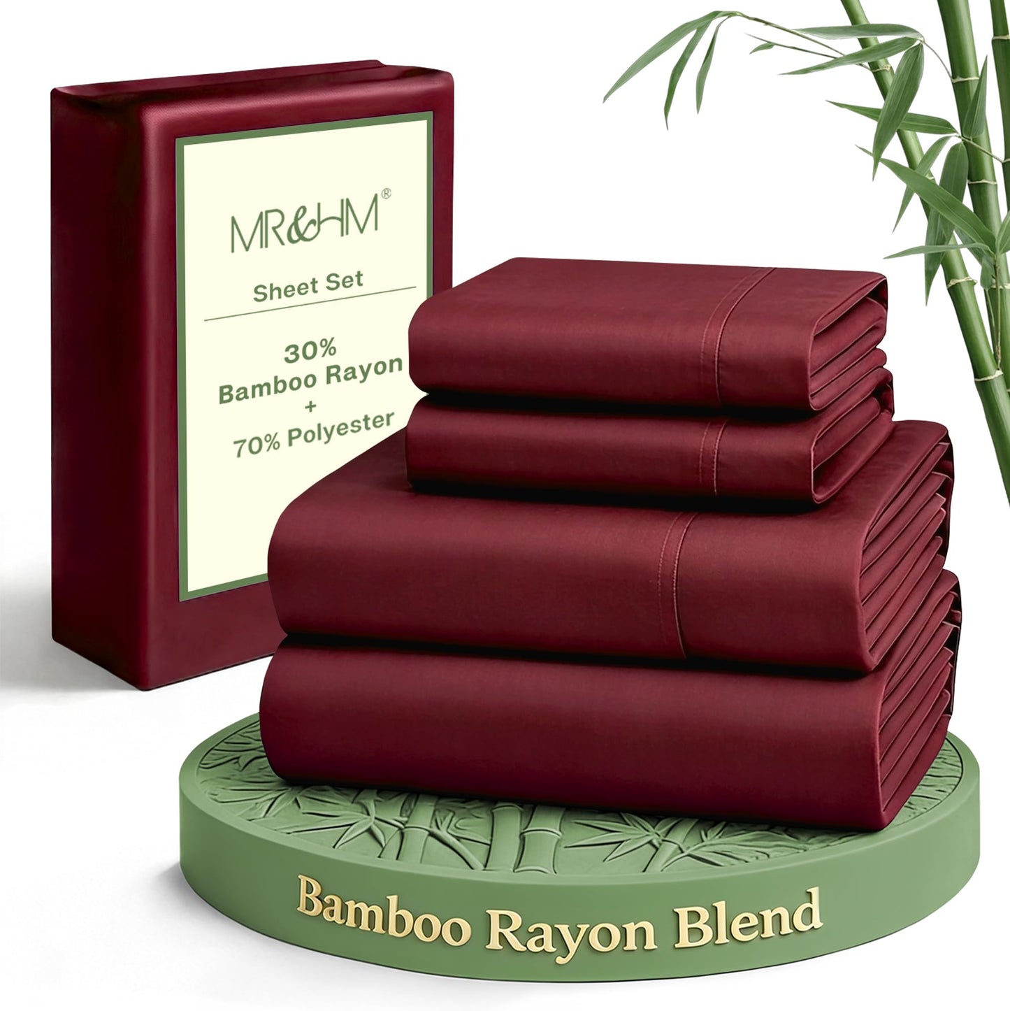 MR&HM Full Size Bed Sheets, 4-Piece Cooling Sheets, Rayon Derived from Bamboo & Polyester Blend, Soft & Silky, 15" Deep Pockets with Elastic Straps, Hotel Luxury for Hot Sleepers, Burgundy