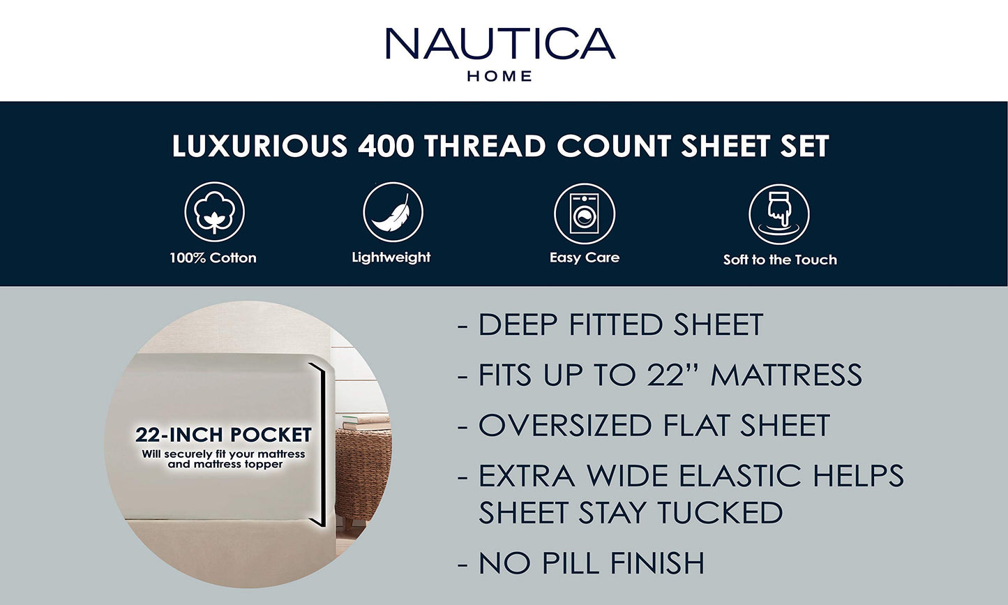 Nautica - Queen Sheets, Cotton Sateen Bedding, 400 Thread Count, Silky Smooth & Wrinkle Resistant (Regatta Grey, Queen)