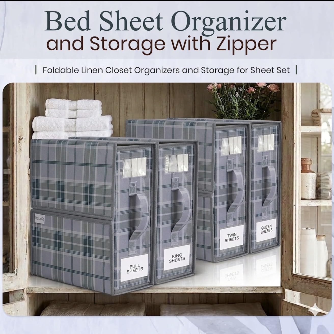 Mama Gs 4 Pack Bed Sheet Organizer and Storage with Zipper – Linen Closet Organizers for Full, King, Queen & Twin Sheet Sets, Bedding Storage for Blankets and Duvet Covers, Grey