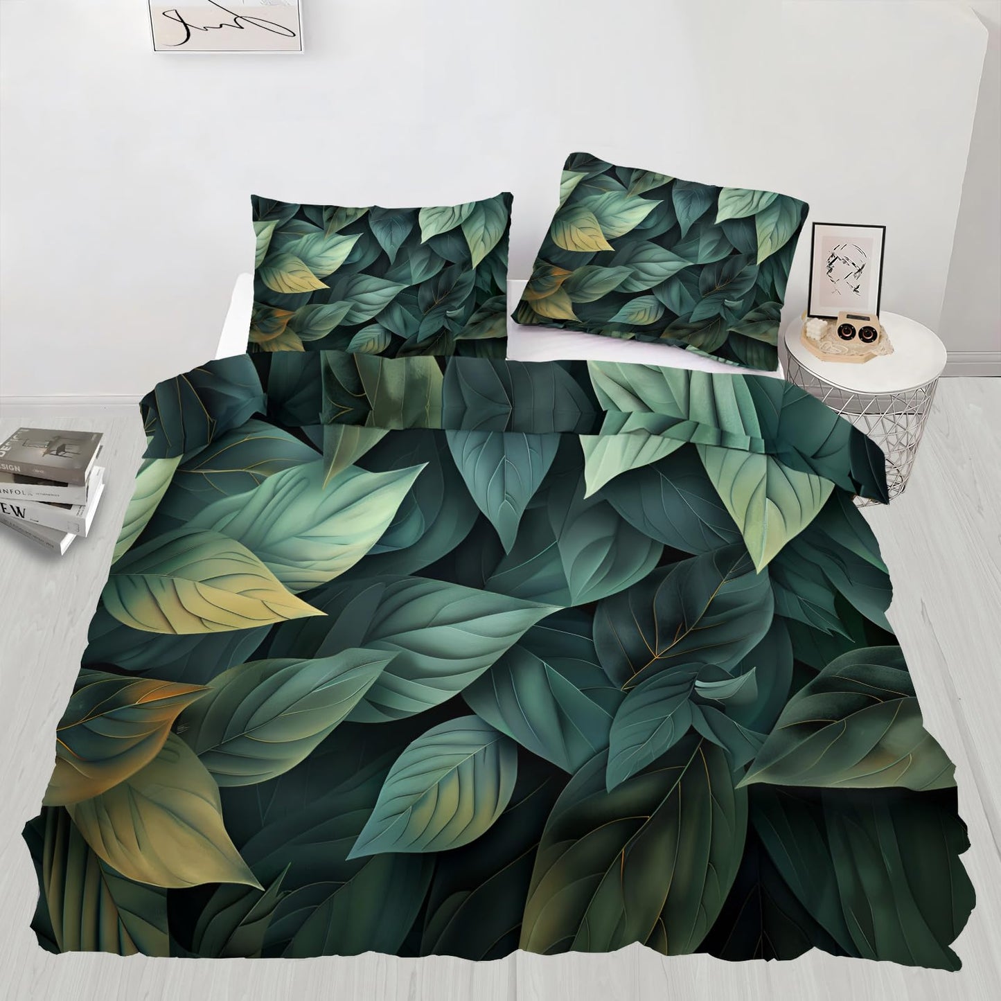 ZAMODE Leaf Duvet Cover 104" x 90", Tropical Leaves Bedding Set, Green Botanical Comforter Cover with Zipper Ties