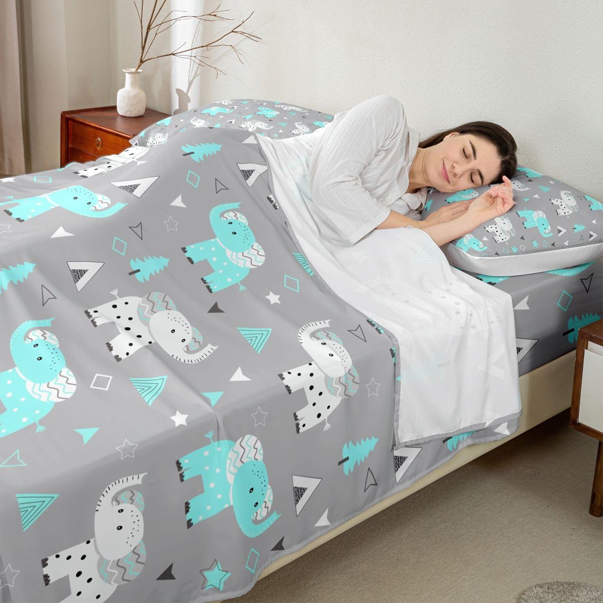 Erosebridal Cartoon Elephant Bed Sheets Full | Zoo Animal Sheet Set for Kids Boys Girls Wildlife Sheets Kawaii Animals Geometric Flat Fitted Sheet 3 Pcs