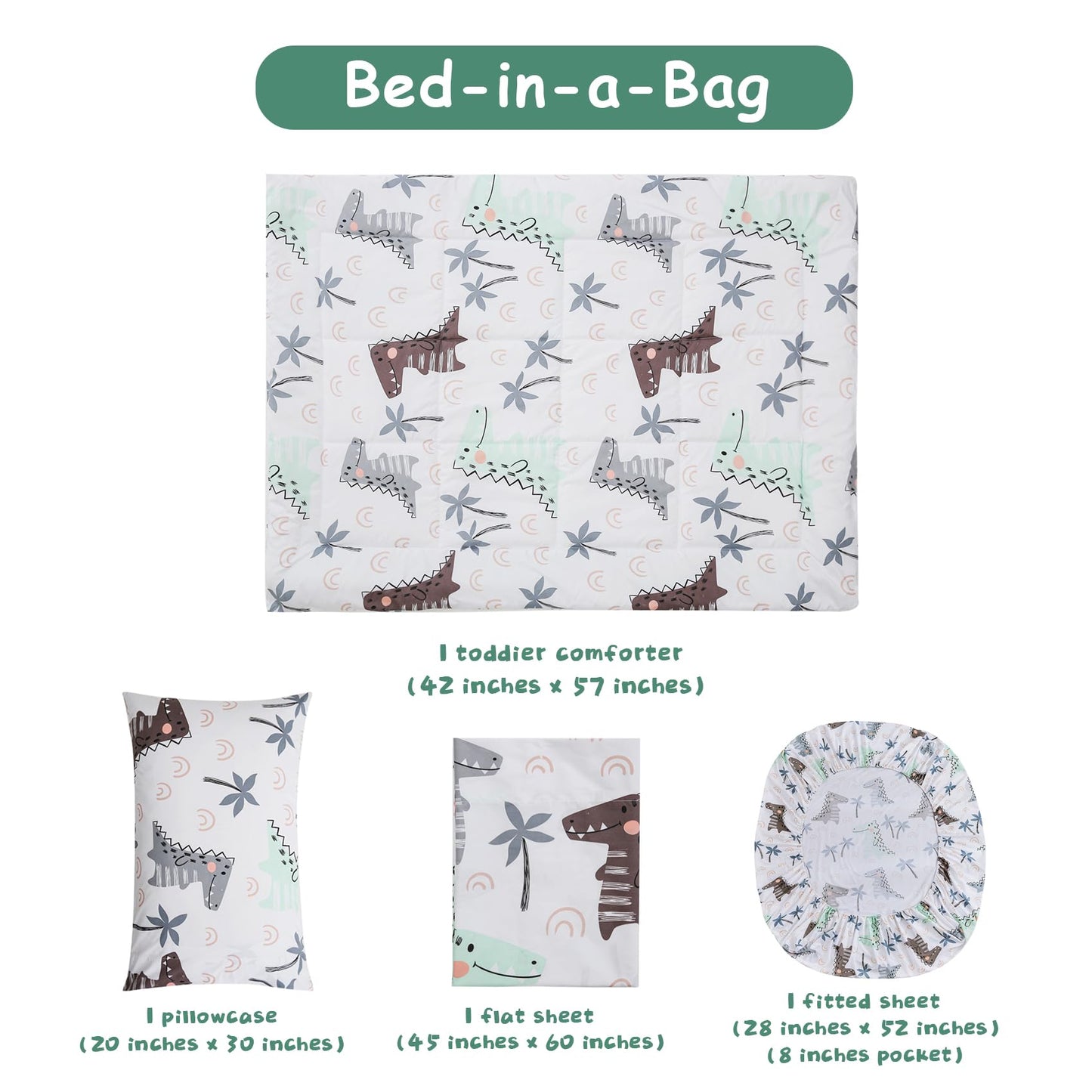 JSD Dinosaur Toddler Bedding Set, 4 Piece Bed-in-a-Bag Comforter Sheet Set, Machine Washable