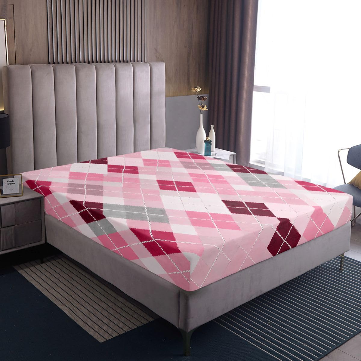 jejeloiu Traditional Argyle Pattern Fitted Sheet with 1 Pillowcase Twin Size Plaid Bed Sheets Set 16" Deep Pocket Boys Girls Pink Checkered Striped Classical Bedding Teens Bedroom Breathable Soft