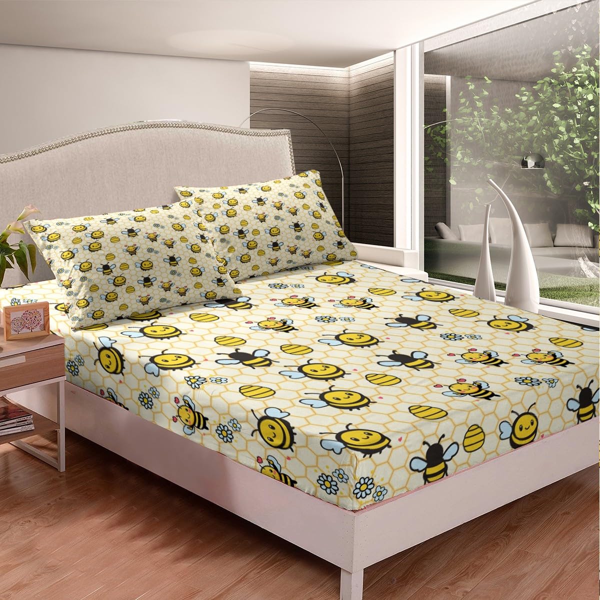 Cute Bees Sheet Set Full Size,Cartoon Bee Daisy Bed Sheets for Kids Boys Girls Child,Farmhouse Flowers Bedding Set,Geometric Honeycomb Fitted Sheet + Flat Sheet + 2 Pillowcases Bedroom Decor