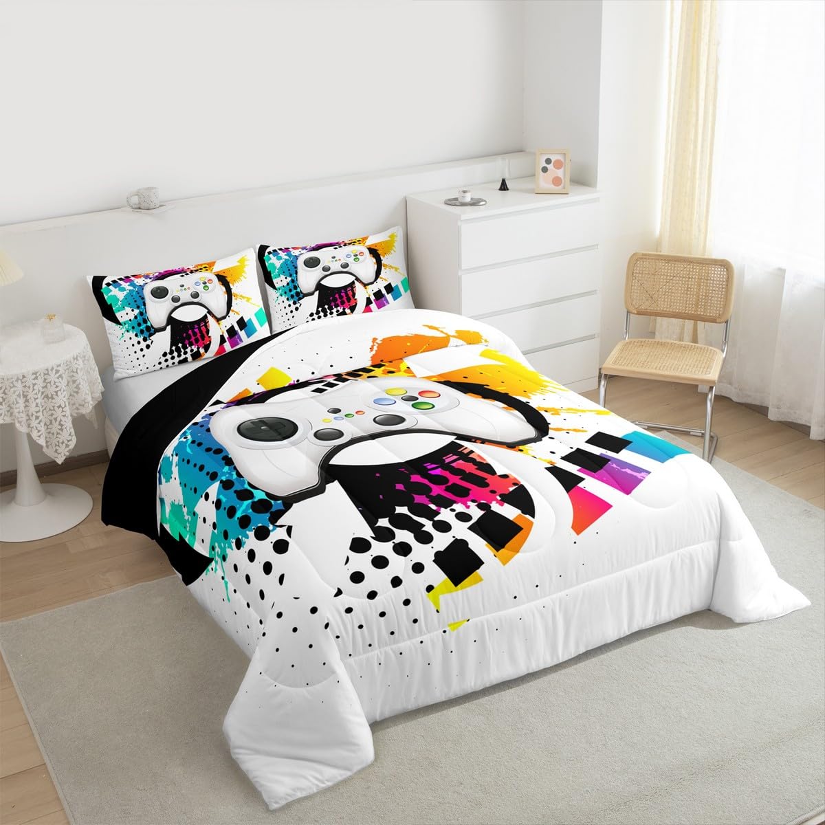 Kids Gaming Comforter Set Queen Gamer Bedding Set, Modern Console Game Controller Duvet Set For Boys Girls Teens, White Gamepad Quilt Set, Tie Dye Colorful Comforter Set Grey White Soft Bedding Set