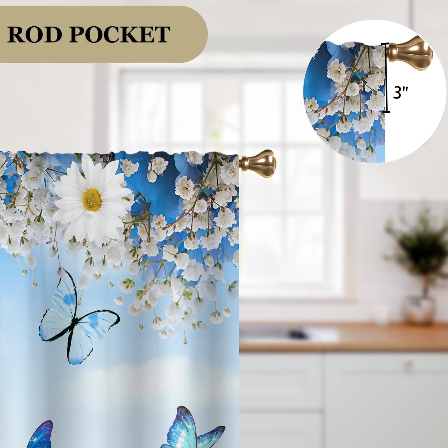 Cizuug Floral Butterfly Curtain for Kitchen & Bathroom Curtains - Daisy Floral Pattern Spring Cafe & Bedroom Short French Door Curtains 2 Panels (27.5x39 Inch)