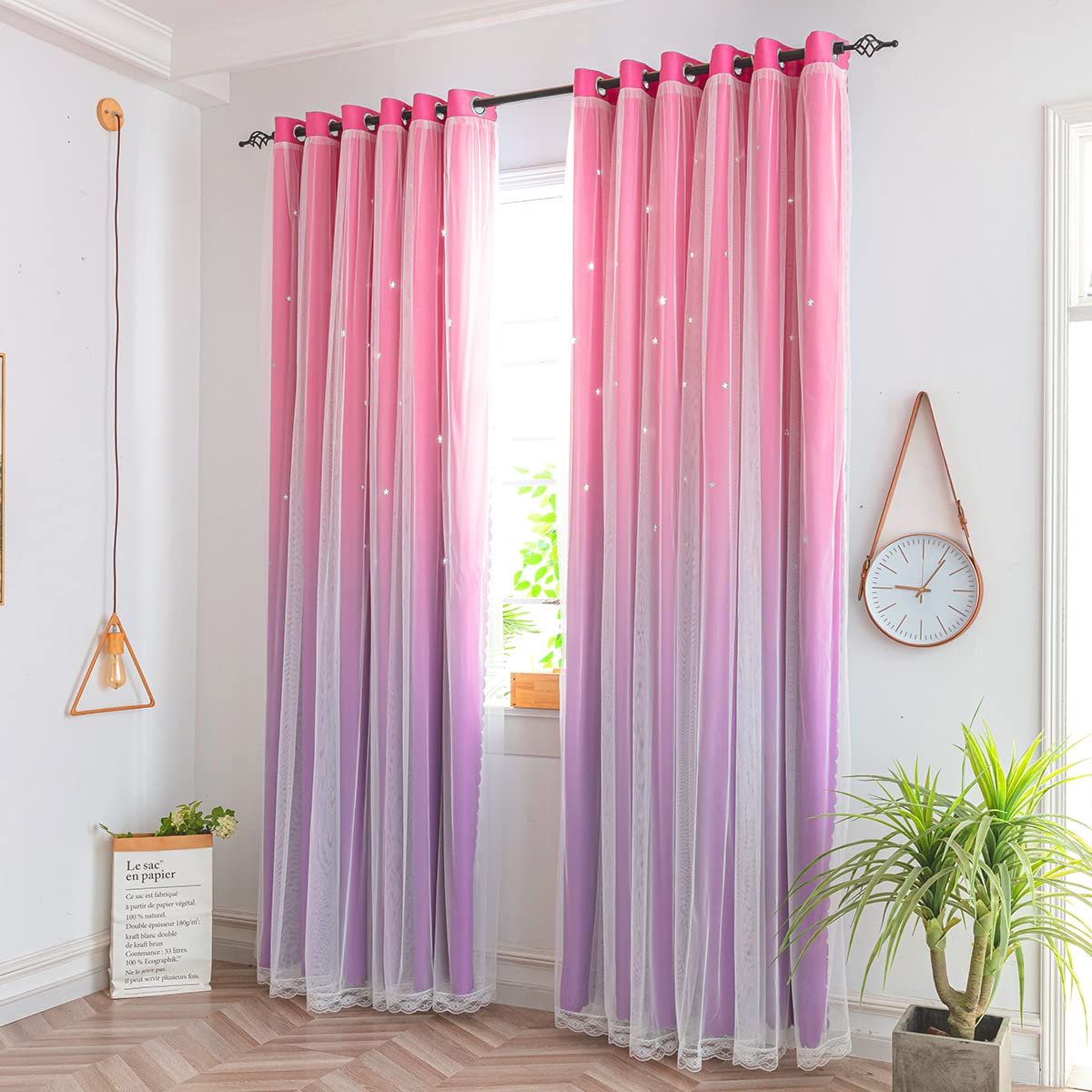 Yancorp Kids Curtains for Girls Bedroom Princess Curtains for Daughter Room 84 Inches Long Star Curtains with Tieback & 3 Bowties(Pink Purple,W52*L84),1 Panel