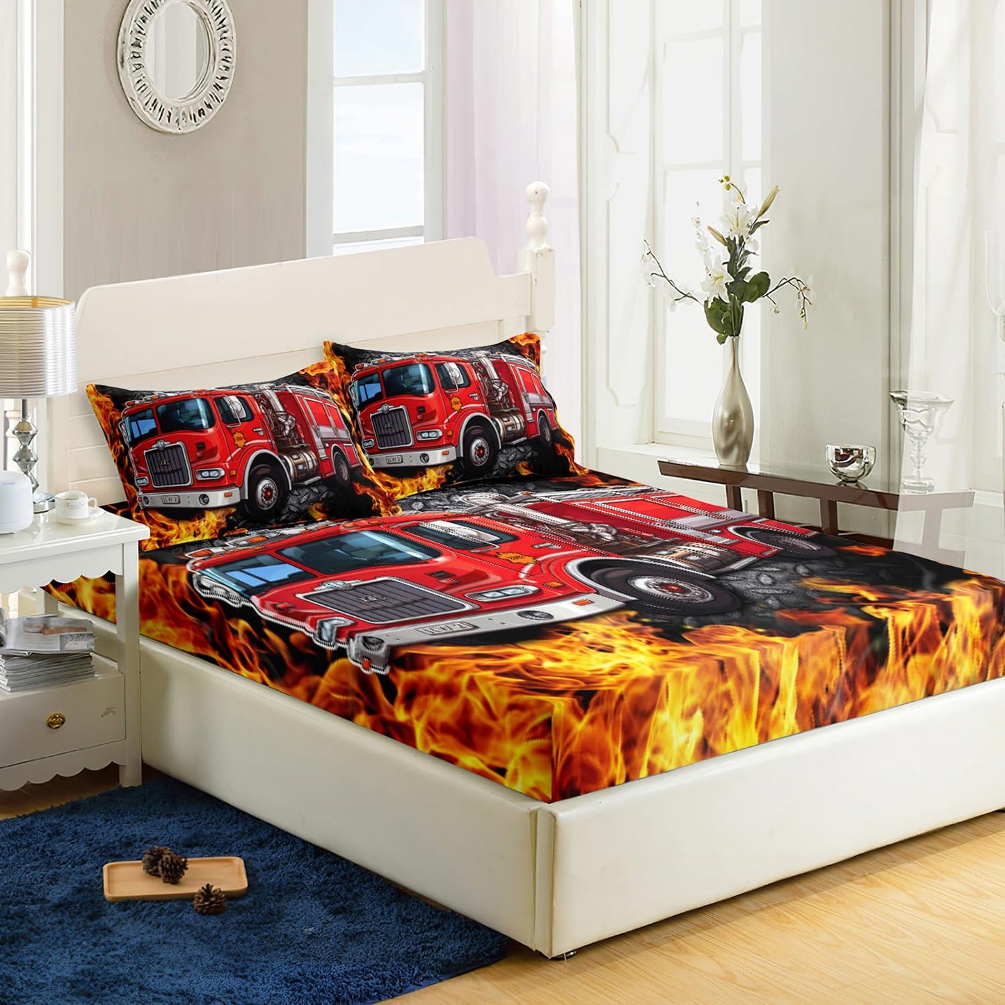 AILONEN Cartoon Red Fire Truck Fitted Sheet Set Twin Size, Fire Rescue Car Bedding Set for Kids,Boys,Girls,Teens,Red Firemen Car Vehicle Bed Sheet Set,3-Piece, 1 Fitted Sheet and 2 Pillowcases