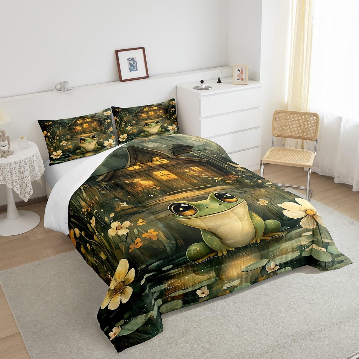 Manfei Cute Frog Kids Comforter Set,Jungle Lodge Wild Animal Dreamy Bedding Set All Season,Rustic Daisy Flowers Lake Lotus Leaves Starry Cabin Comforter 2 Pcs with 1 Pillowcase,Twin Size