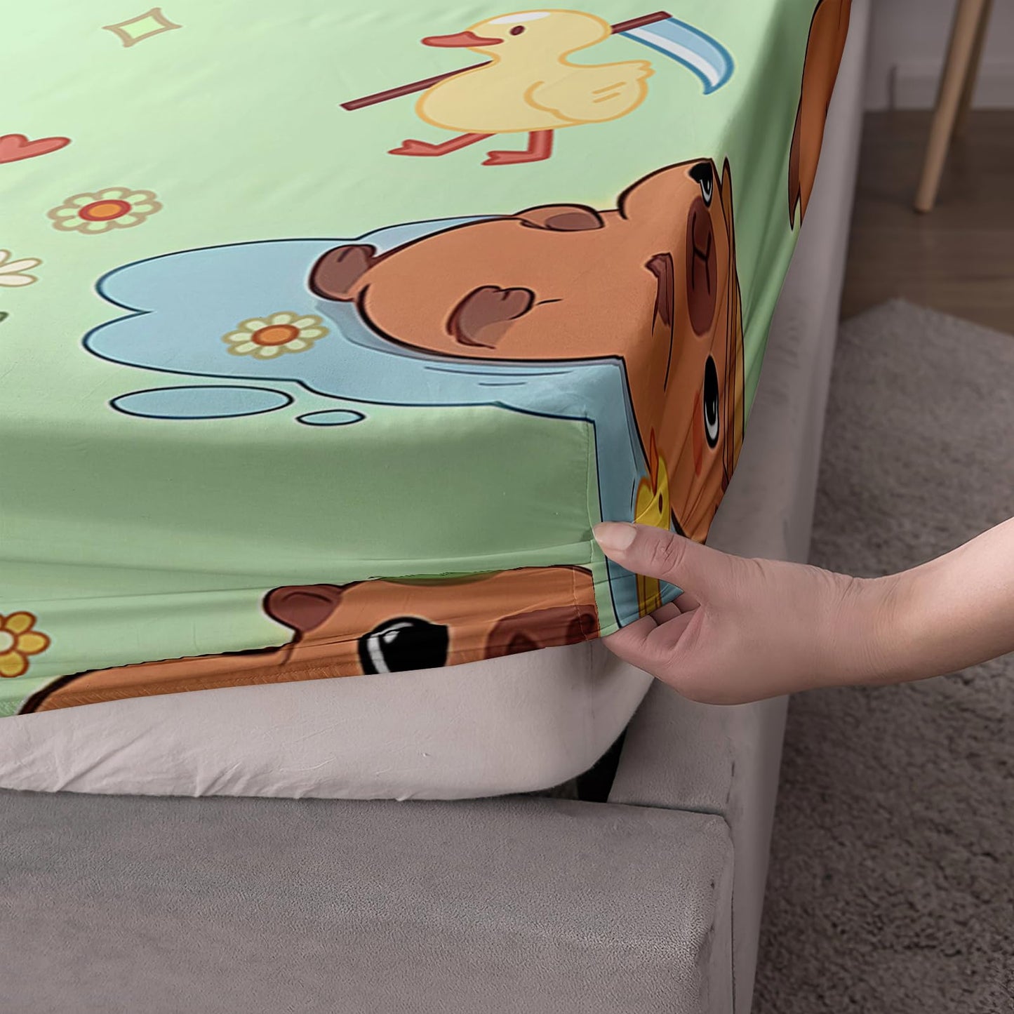 AILONEN Kawaii Capybara Fitted Sheet Set Twin Size, Boys Girls Cartoon Cute Capybara Bedding Set for Kids Teens,Grass Green Bed Sheet Set,1 Fitted Sheet + 2 Pillowcases,3 Piece