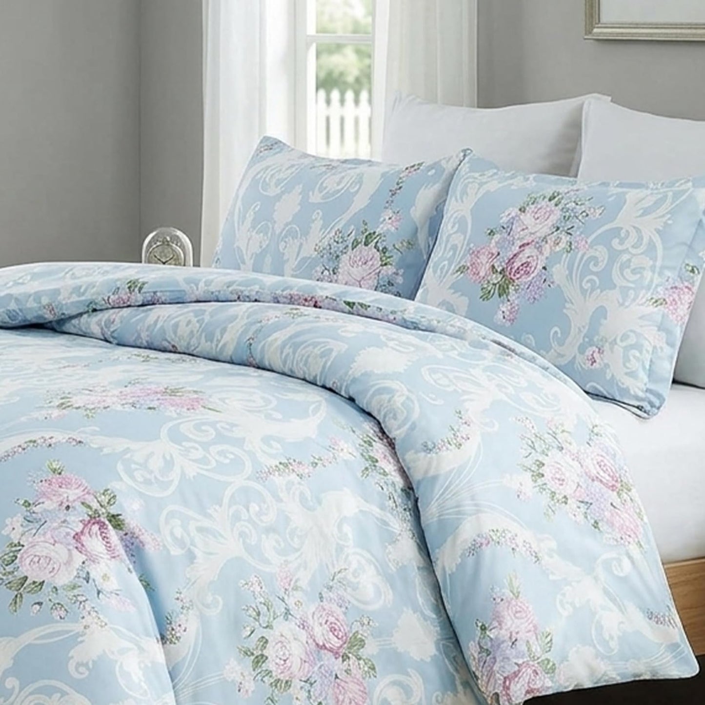 Cozaline Floral Duvet Cover Set King Size 100% Nature Cotton Blue Comforter Cover with Pink Floral, 3 Pieces Breathable & Soft Aesthetic Bedding Set with Zipper Closure