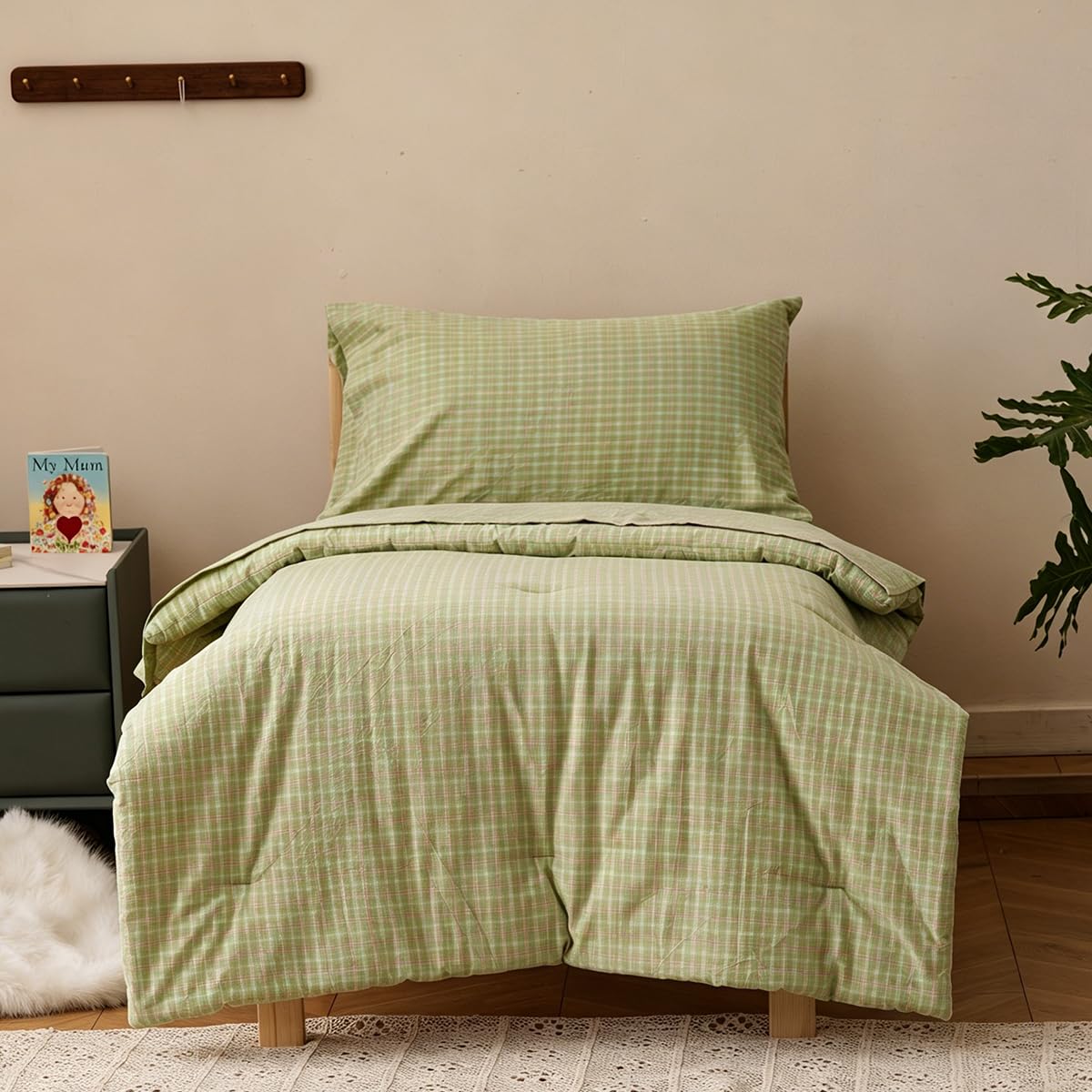 KAREVER Cotton Toddler Bedding Set Light Green Checkered 4 Pieces Grid Crib Bed Set Kids Washed Cotton Pliad Comforter Set