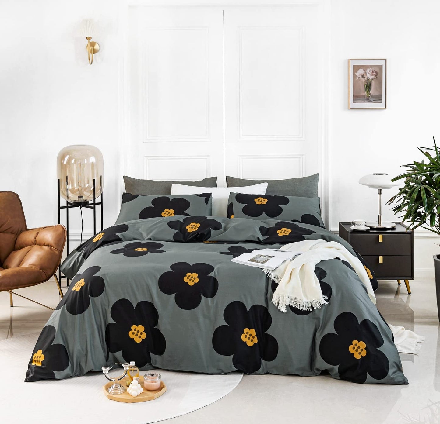YuHeGuoJi Cartoon Floral Duvet Cover King 100% Cotton 3 Pcs Set 1 Yellow Grey Botanical Blossom Patterned Duvet Cover with Zipper Ties 2 Pillowcases Cute Black Flower Bedding Set Soft
