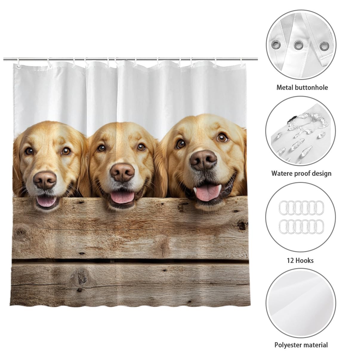 KEEPAEON Golden Retriever Shower Curtain Farmhouse Western Rustic Shower Curtain for Bathroom Set Wooden Retro Fabric Shower Curtain for Bathtub 72x72 Inch with Hooks