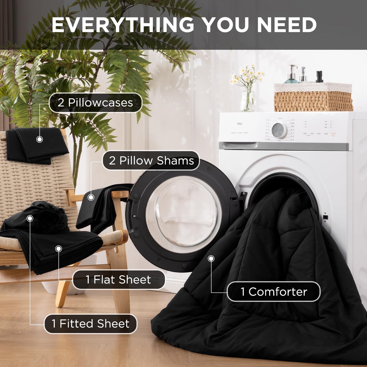 Baskbed 7 Pieces Queen Comforter Set - Utral Soft Microfiber Bedding Set, Thick Duvet Insert Bed in a Bag Without Rustling Noise for All Season, Black (88"x88")