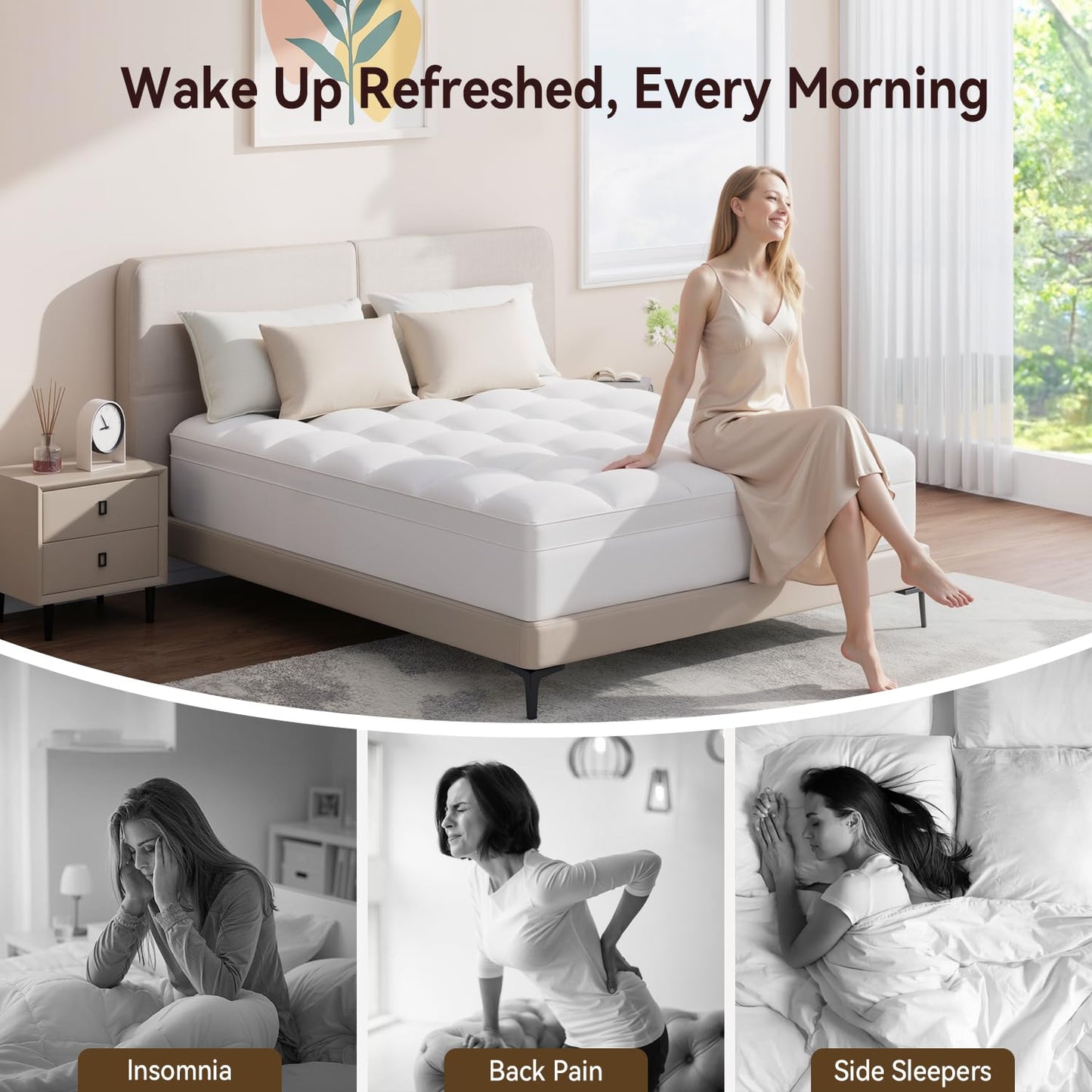 ABENE Queen Size Mattress Topper for Back Pain Relief, Extra Thick Mattress Pad Pillowtop, Soft Plush Mattress Cover Bed Topper with Deep Pocket, Overfilled Down Alternative Filling, White