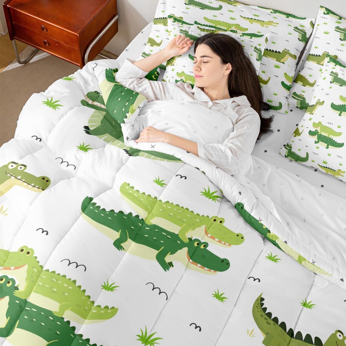 Erosebridal Crocodile 7 Piece Bedding Set King Grass Comforter Set with Sheets Hand Drawn Cartoon Crocodile Simple Bed in a Bag Cute Green Crocodiles Grassland for Kids Boys Girls