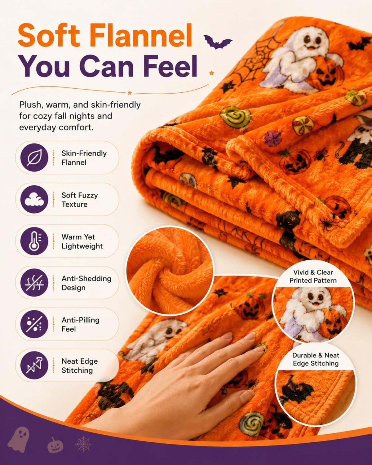 Halloween Throw Blanket Couch Cozy Flannel Decoration for Party Bed Soft Flannel Ghost Blanket Halloween Harvest Gifts Horror Ghost Bat Pumpkin(Model6,50x80in)