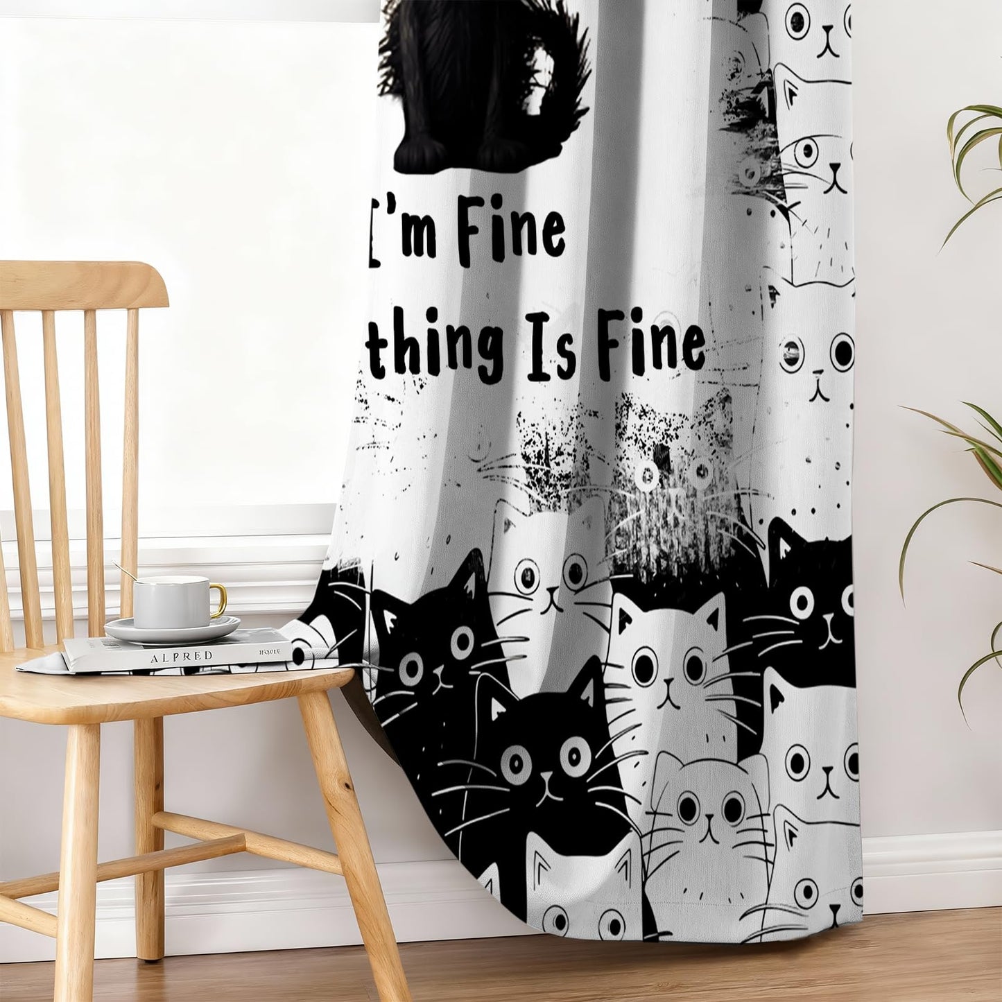SIOQCKIS Cute Cat Curtains for Bedroom, Funny Black Cats Curtains for Windows, It's Fine Cat Kitchen Curtain Kitten, 52 x 84 Inch Long 2 Panels Gifts for Cats Lovers Window Decor Bathroom