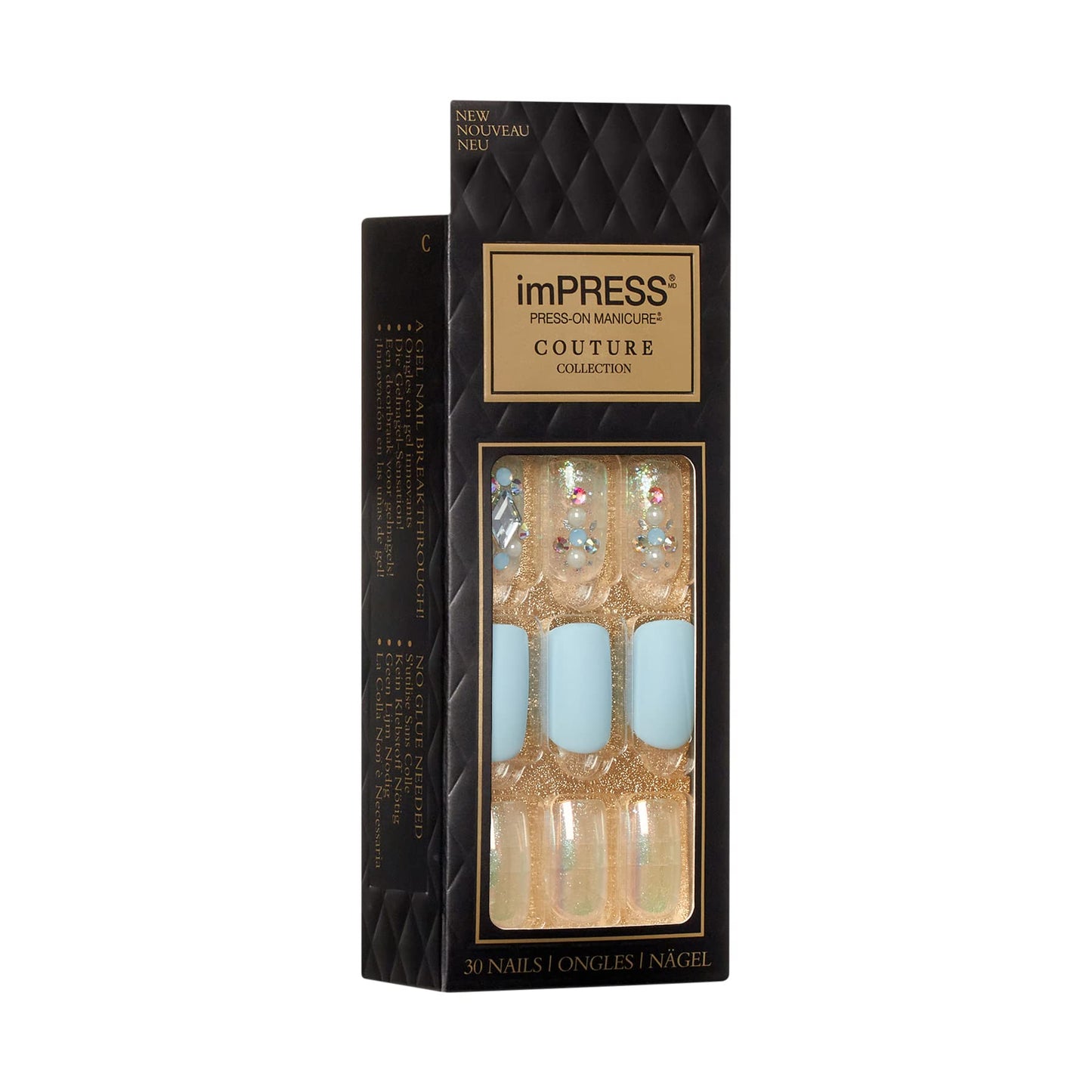 KISS imPRESS Couture Collection Press-On Manicure, Elegant, with Jewelled Accents, Includes 30 Fake Nails, Prep Pad, Mini File, and Cuticle Stick