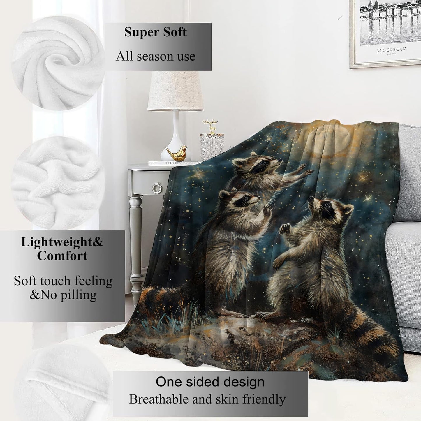 VODRM Raccoon Blanket Starry Night Throw Blankets,Birthday Gifts for Kids Adult & Wildlife Lovers,Lightweight Soft Fleece with Animal Under The Moon,for Sofa Couch Bed Room Decor 50x60in