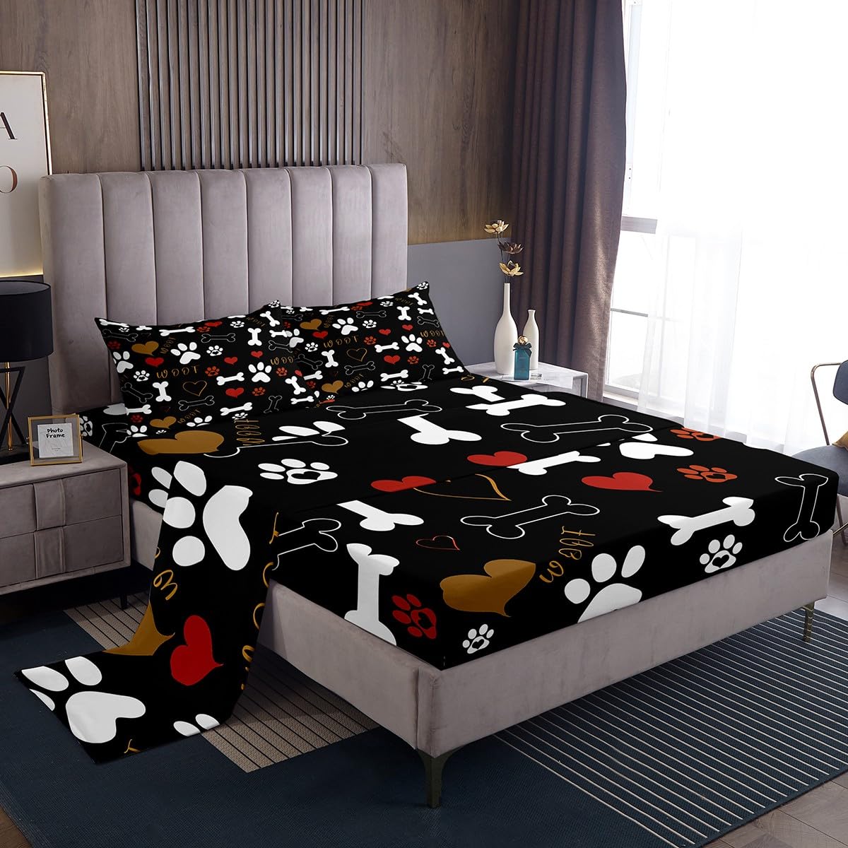 Erosebridal Dog Paw Print Sheet Set Queen Size for Kids Boys Girls,Lovely Animal Theme Bed Sheets White Bone Pattern Fitted Sheet Red Heart Flat Sheet Soft Luxury,Black Home Room Decor 4Pcs