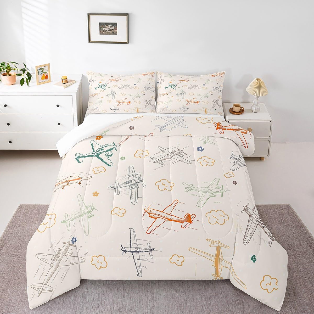Castle Fairy Aircraft Bedding Set Kids Airplane Print Comforter Boys Girls Decor Aircraft Flying Theme Blanket Microfiber Sketch Style Khaki Yellow Duvet Set Bedroom Twin Size with 1 Pillow Case