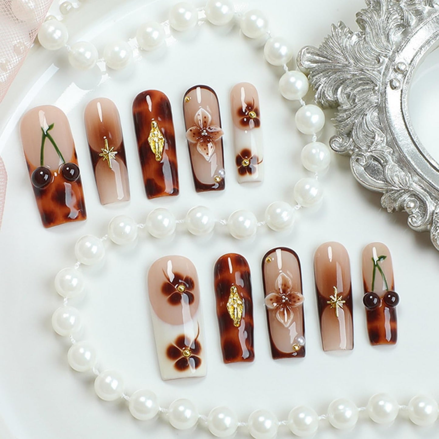 Brown French Tip Press on Nails Long Coffin Fake Nails Handmade Press on Nails 3D Luxury Flower and Cherry Embossed Designs Muti-Layer Gel Thick False Nails Glossy Acrylic Nails for Women (Size M)