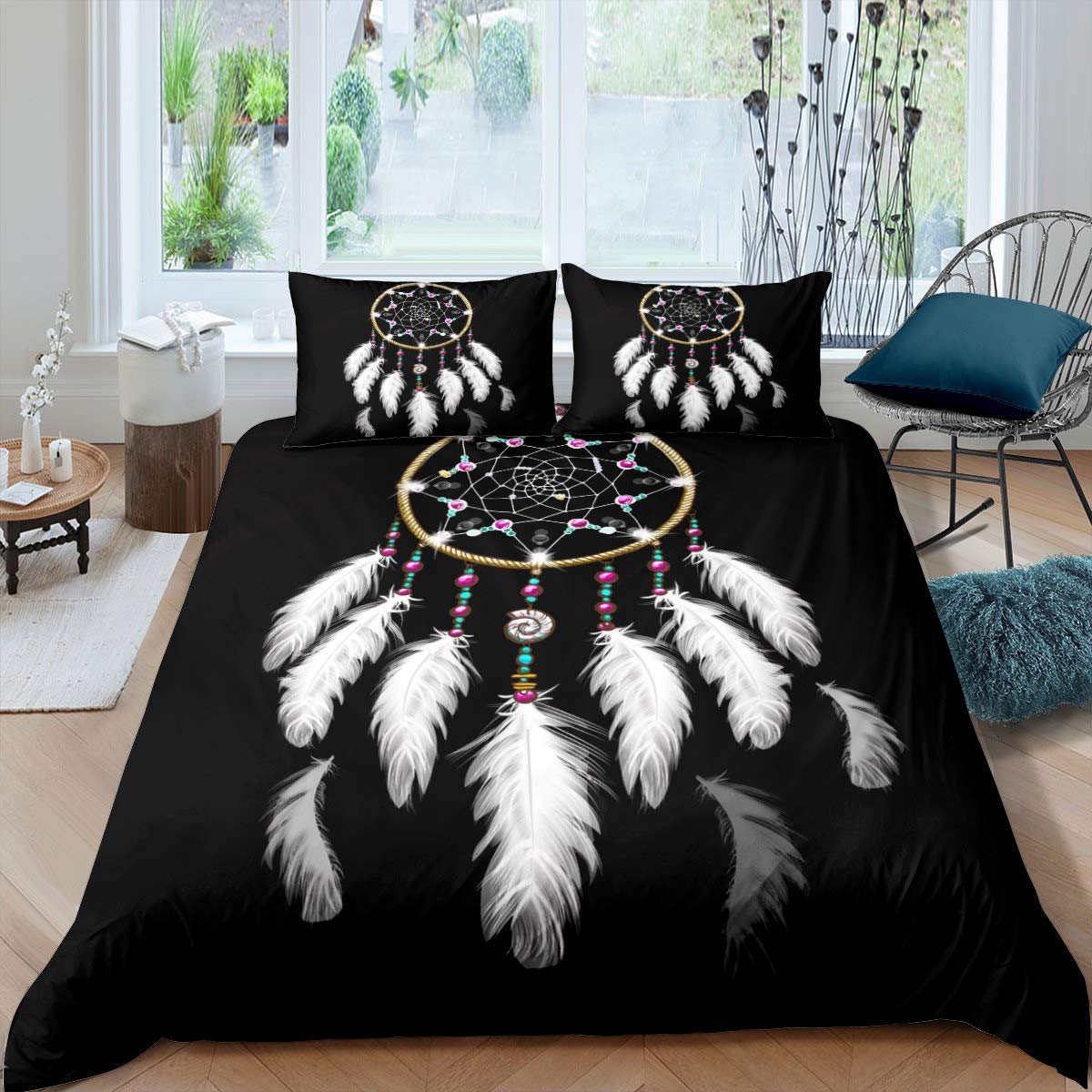 Feelyou Dreamcatcher Bedding Set Girls Boho Boho Dream Catcher Duvet Cover for Kids Daughter Children Bohemian White Feather Comforter Cover Ultra Soft Black Bedroom Decor Bedspread Cover Queen Size