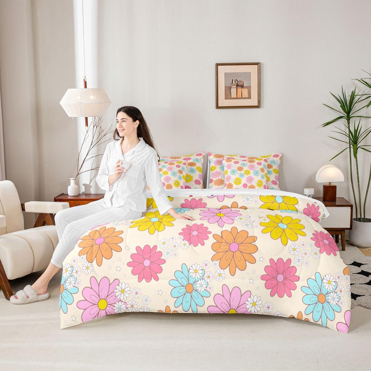 Erosebridal Cartoon Flower 7 Pcs Bedding Set Twin Size for Teen Girls Cute Floral Comforter Set with Sheets for Kids Young Women Blue Yellow Pink Bed in A Bag Kawaii Daisy Bed Sets All Season