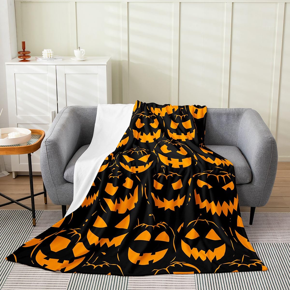 Feelyou Spooky Pumpkin Fleece Throw Blanket Halloween Themed Flannel Blanket Plush Fuzzy Trick or Treat for Bed Couch Chair Living Room Graveyard 40"x50" Orange and Black Bedroom Decor