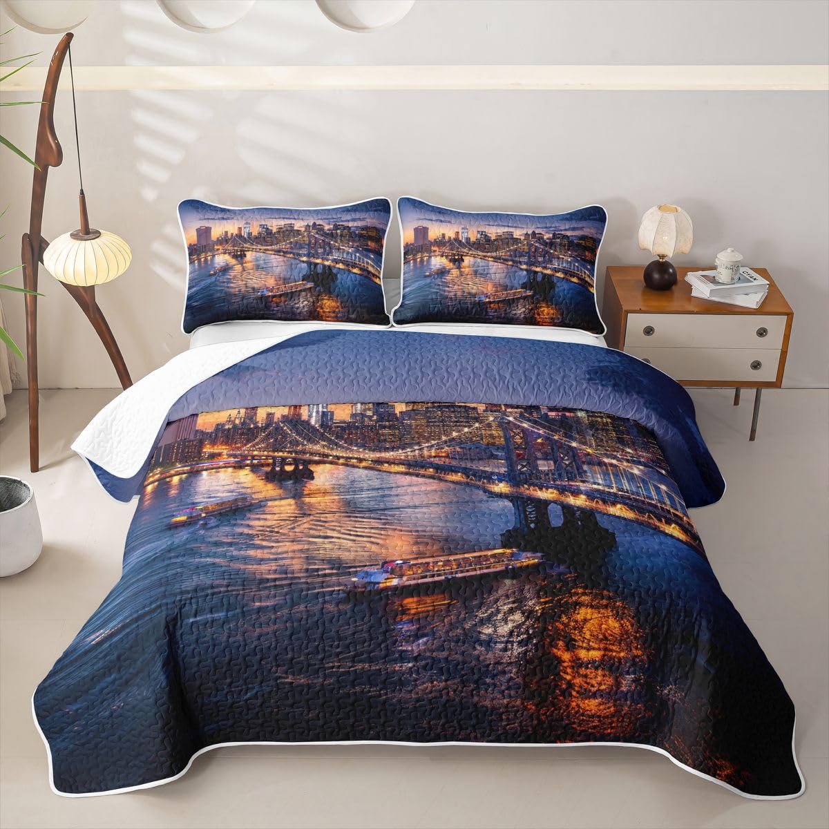Erosebridal New York City Quilt Set Twin Cityscape Quilted Bedding Manhattan Skyline Bridge Bedspread Coverlet Sunset Scenery Quilt Comforter Lightweight Quilted Blanket for Hot Sleepers Boys Girls