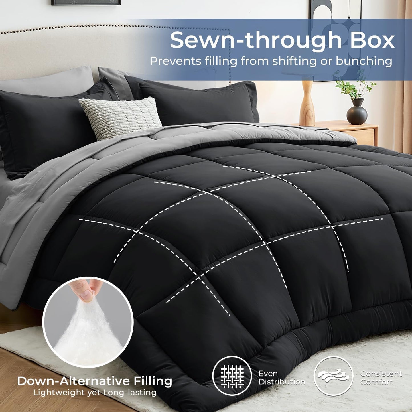 Sasttie Queen Comforter Set, 7 Pieces Bed in a Bag Queen, Complete Bedding Set Includes Comforter, Flat Sheet, Fitted Sheet, Pillowcases and Pillow Shams, Black & Light Grey