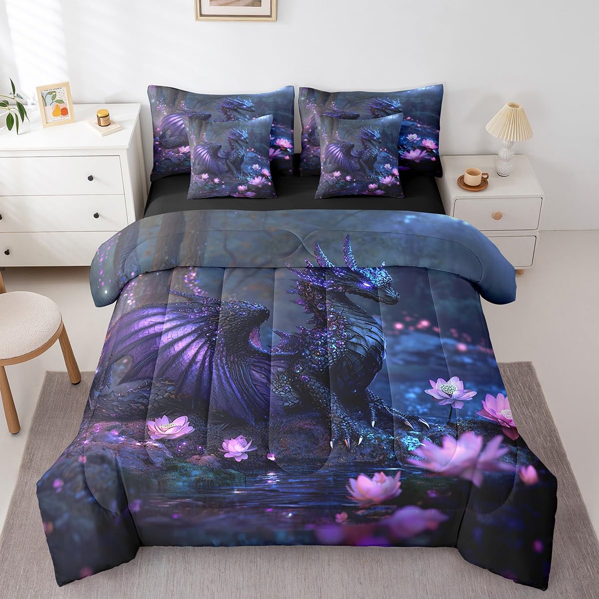 Feelyou Dragon Comforter Set with Sheets Twin Size Dragon Stuff Bed in a Bag for Boys Girls Teens Wild Life 7 Pieces Bedding Set Flower Bed Set Room Decor Black Purple