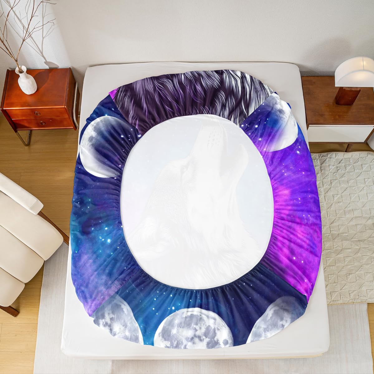 Erosebridal Howling Wolf Bed Sheets Blue Purple Starry Sky Sheet Set Full Size,Galaxy Series Fitted Sheet for Child Teens JCXS8225CLBWTfull 0