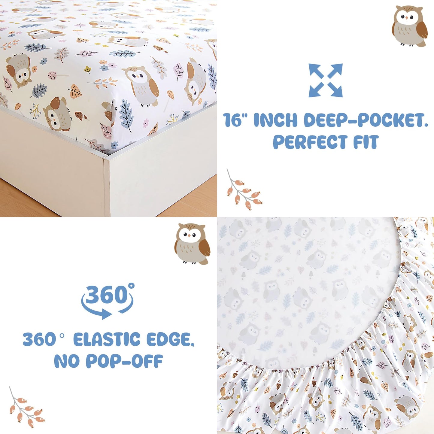 MICORAL Kids Twin Sheet Set, 3 Pieces Sheets for Boys & Girls, Soft Printed Microfiber Bed Sheets, Deep Pocket Cozy Toddler Bedding Set, Owl (White)