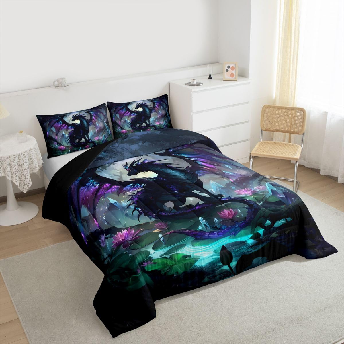 Feelyou Dragon Comforter Set Twin Size Dragon Stuff Bedding Set for Kids Boys Girls Wild Life Duvet Quilt Magic Wildlife Bedroom Decor Black Purplish 2 Pcs with 1 Pillow Cases