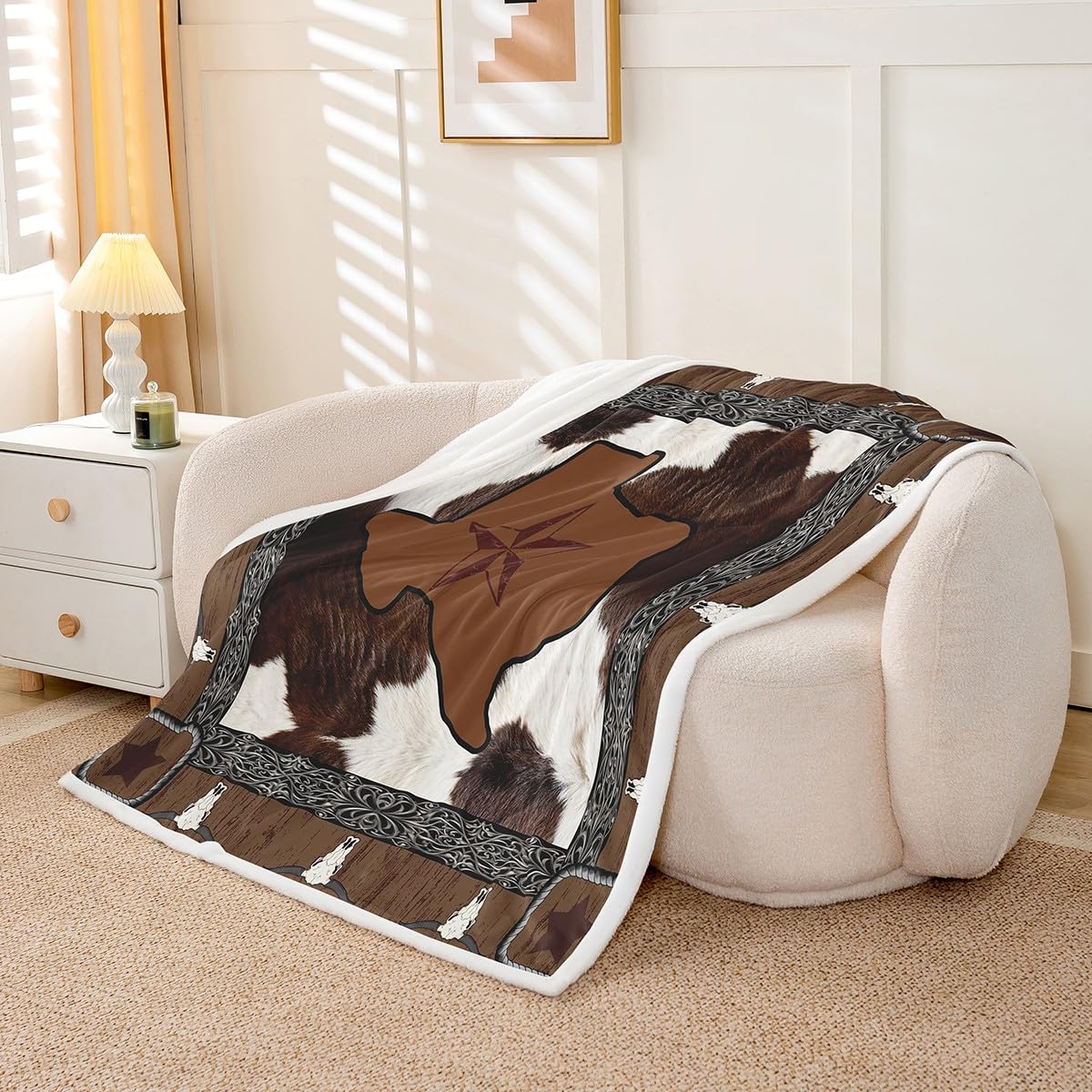 Erosebridal Cowhide Fleece Blanket Western Texas Star Sherpa Blanket 90"x90", Farm Animals Print Farmhouse Cowboy Fuzzy Plush Throw