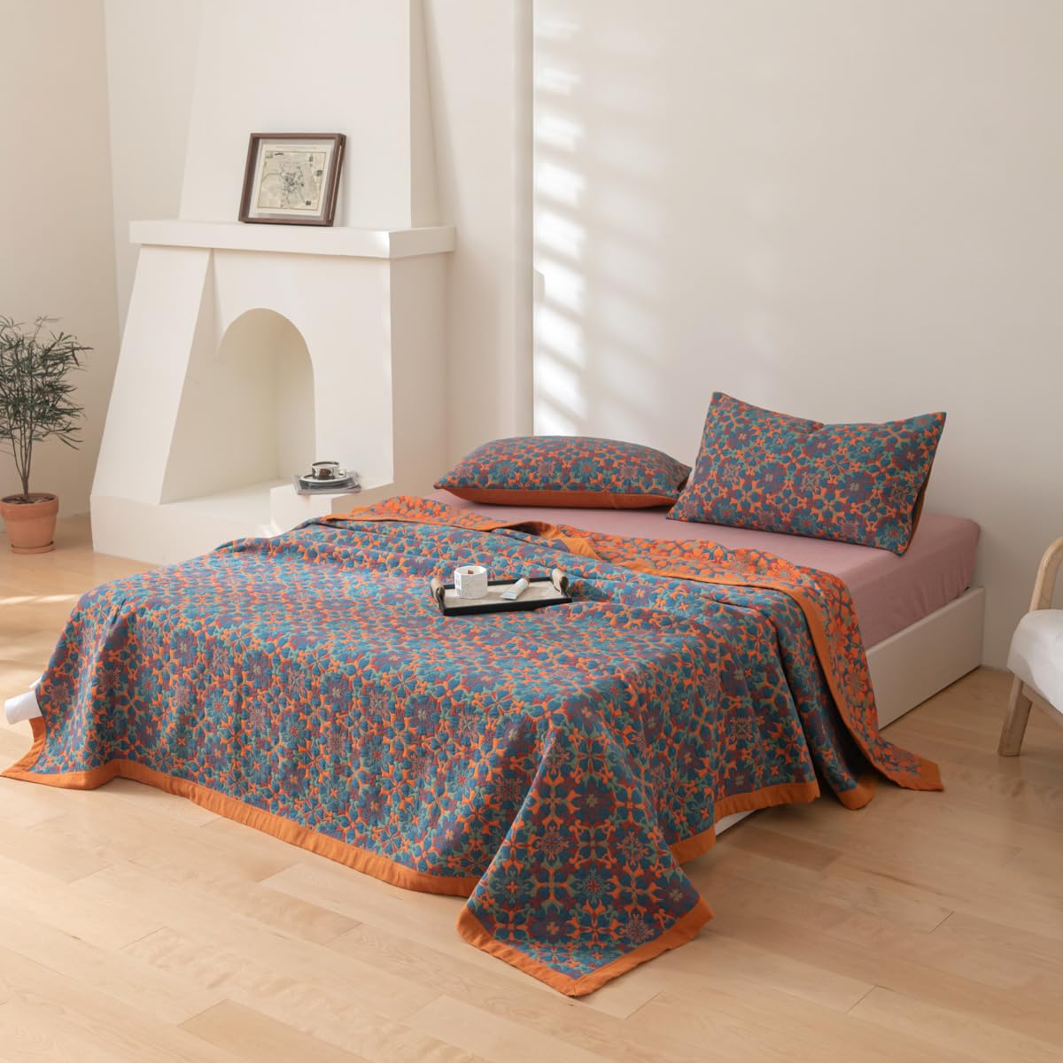 Purefair 100% Cotton Muslin Blanket Jacquard Bohomian Mandala Floral Print Quilt, Soft Bed Cover Reversible Bedspread Coverlet Breathable Lightweight Bedding Full/Queen(78"x94"), No Pillow Sham
