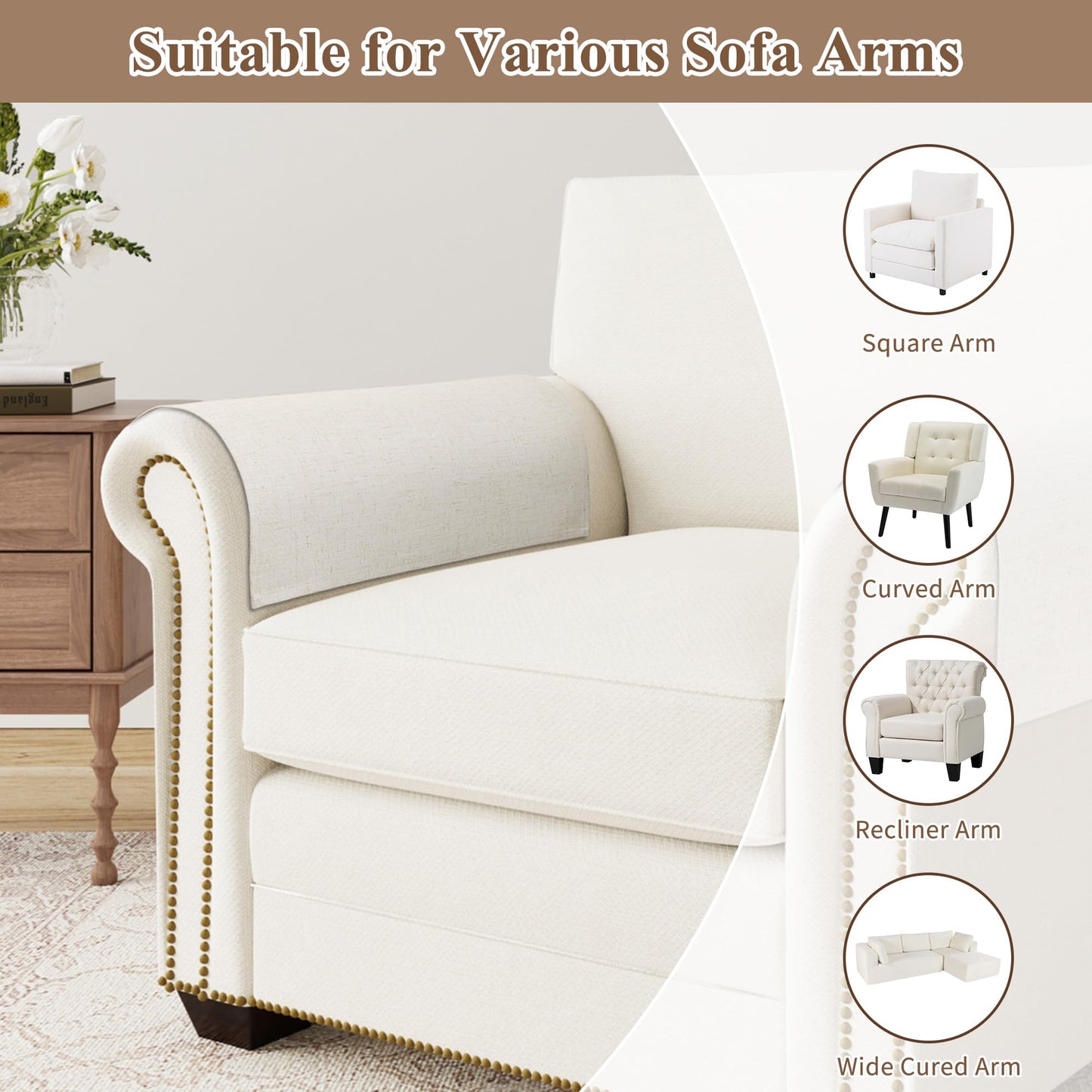 SPWIY Couch Arm Covers Linen Chair Arm Covers Stain Resistant & Anti-Scratch Furniture Protector for Sofa Recliner Armrest Cover for Pets, 2 Pcs, Cream, 20" W x 24" L