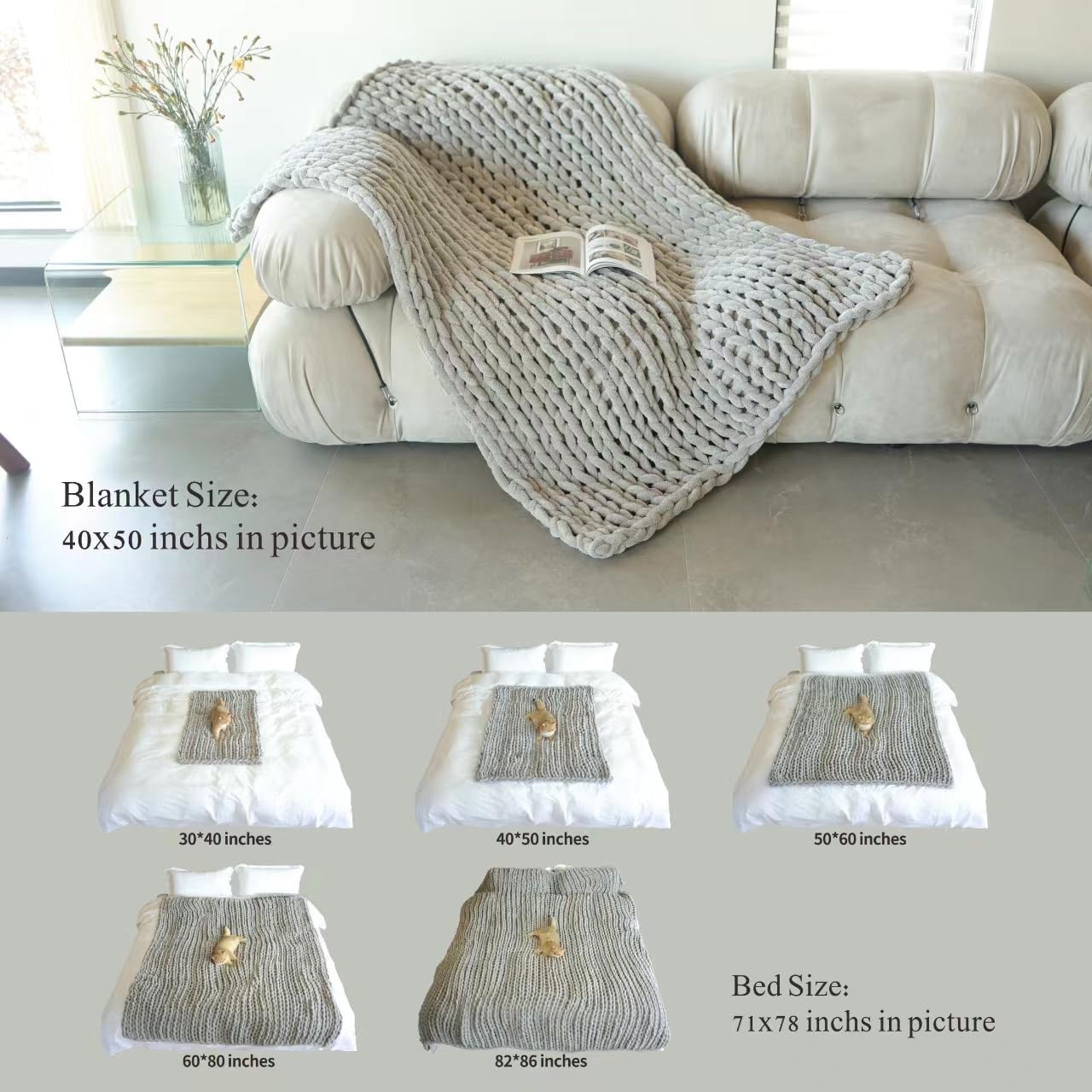 Maetoow Chenille Chunky Knit Blanket Throw （40×50 Inch）, Handmade Warm & Cozy Blanket Couch, Bed, Home Decor, Soft Breathable Fleece Banket,Graduation Gifts, Cream