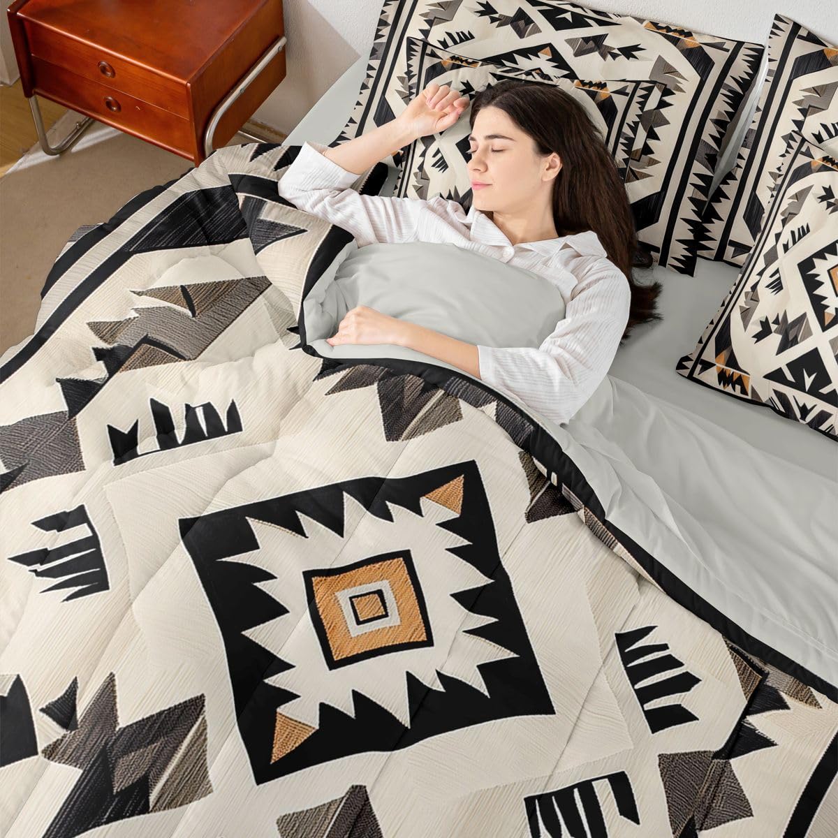 Erosebridal Geometric 7 Piece Bedding Set Queen Aztec Comforter Set with Sheets Rhombus Triangle Simple Western Bed in a Bag Southwestern Tribal Farmhouse for Teens Men Women