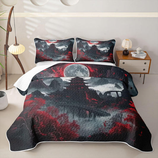 Erosebridal Japanese Anime Twin Quilt Bedding Set Moon Cherry Blossom Summer Lightweight Bedspread Vintage Nature Mountain Coverlet for Kids Adults Red Black Quilted Comforter 2 Pieces