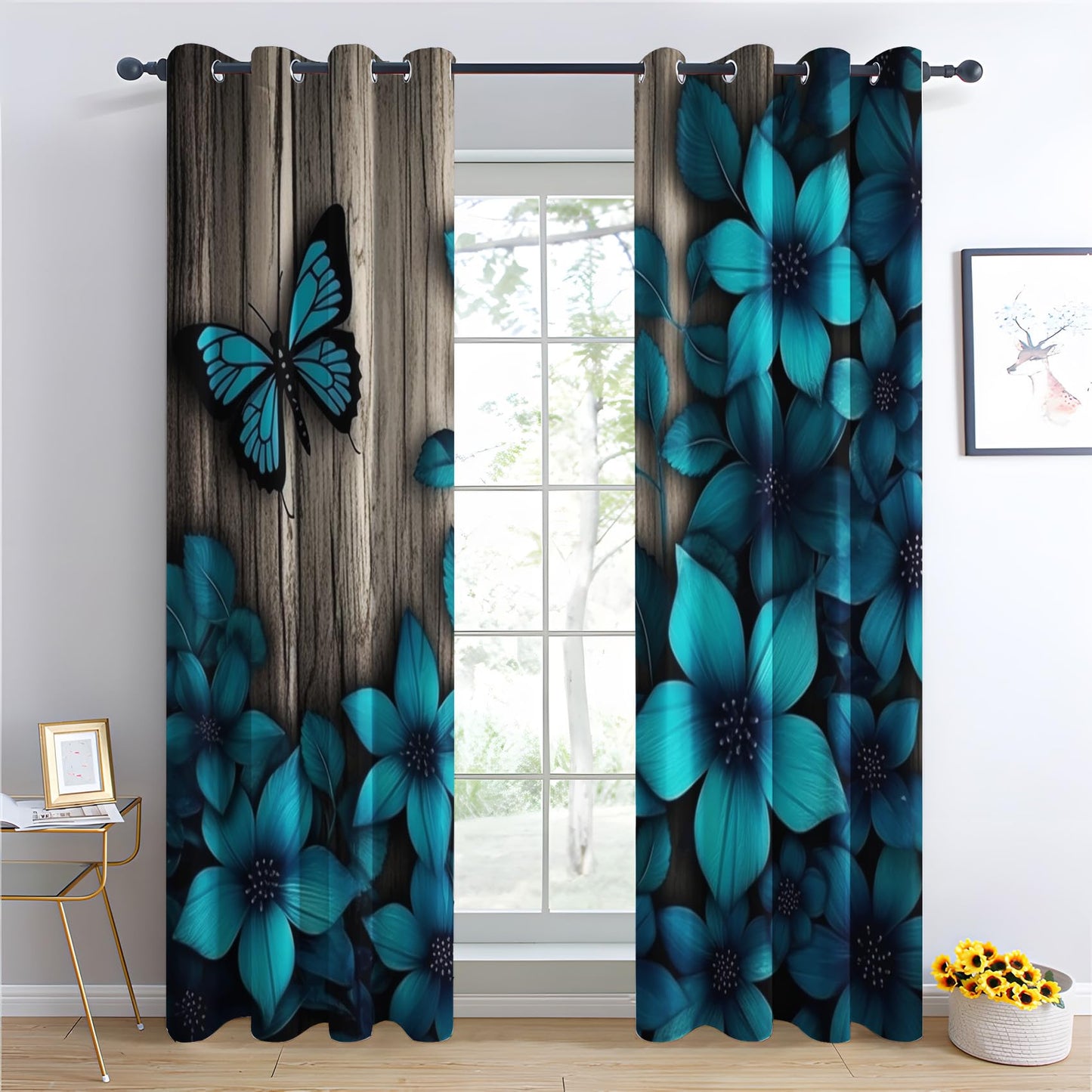 NejZoltrix Blue Floral Blackout Curtains, Rustic Wooden Window Curtains & Bedroom Decor Butterfly Flower Curtains for Living Room, Thermal Grommet Drapes 63 Inch Length 2 Panels Set