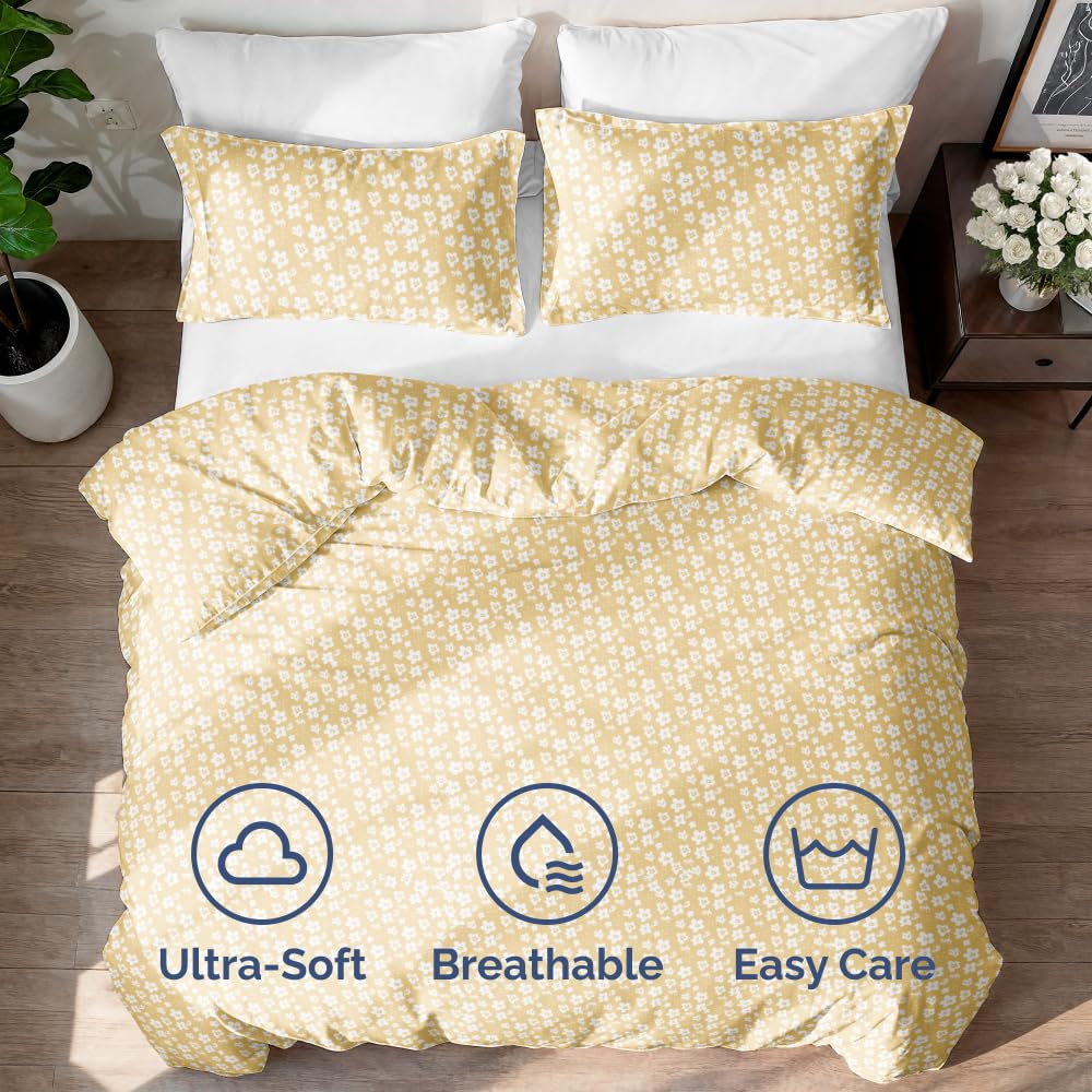 Duvet Cover Full Size Set - Extra Soft Floral Duvet Cover 80 x 90 with 2 Pillow Shams - Comfy, Cozy, Breathable Floral Bedding Set - Hotel Luxury & Fade Free w/ Zipper Closures & Ties - Yellow Meadow
