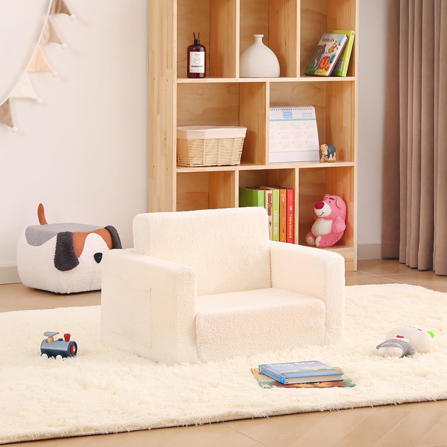 Givjoy Toddler Chair Sherpa Kids Couch, 2-in-1 Soft Kids Armchair Lounger for Bedroom, Convertible Sofa for Girls and Boys, Child Reading Chair for Playroom, Living Room, Pet, Beige