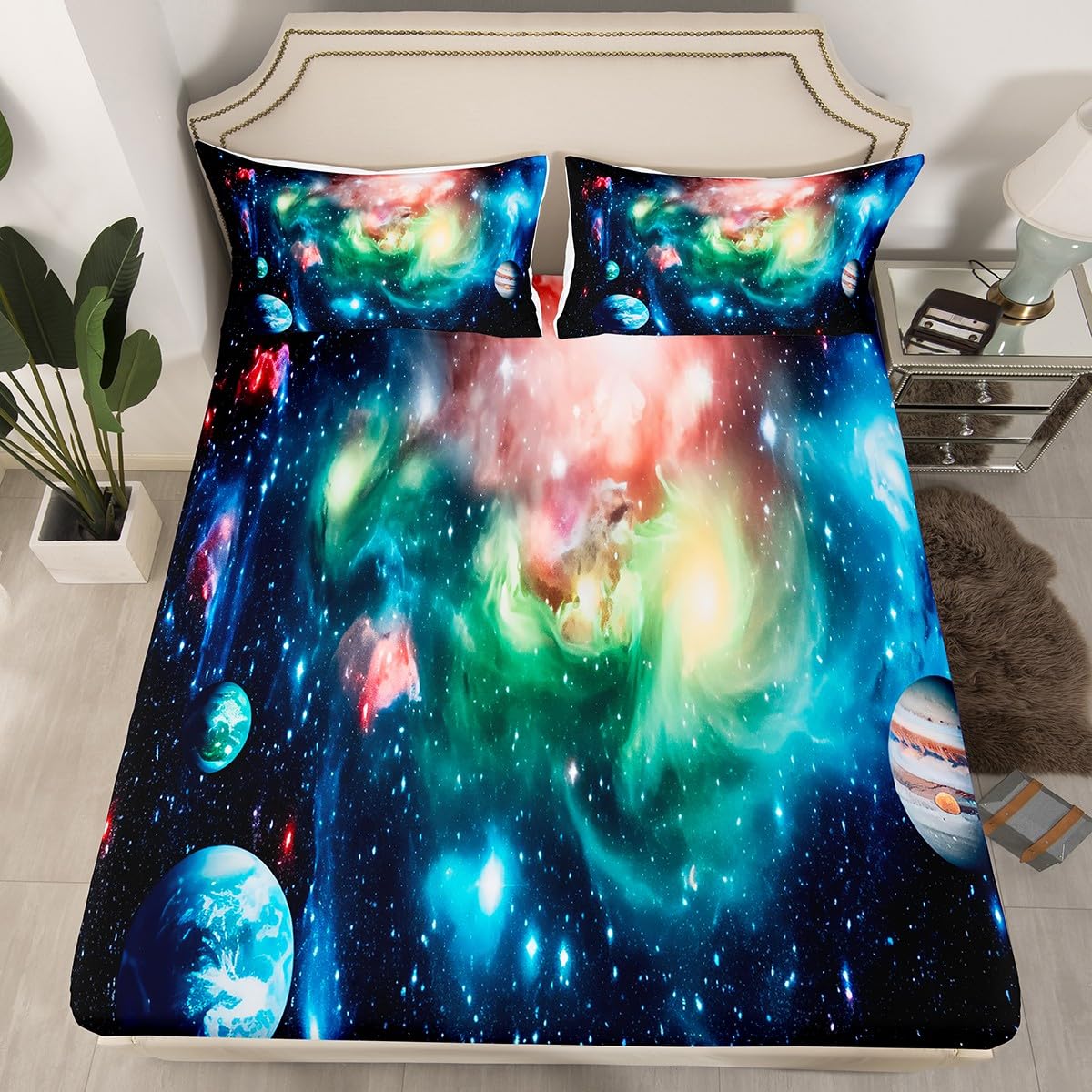 Feelyou 3D Galaxy Outer Space Bedding Set Kids Boys Girls Boho Psychedelic Fitted Sheet Universe Planet Bed Sheet Set Astronomical Bed Cover,Room Decor 3Pcs Sheets Full Size