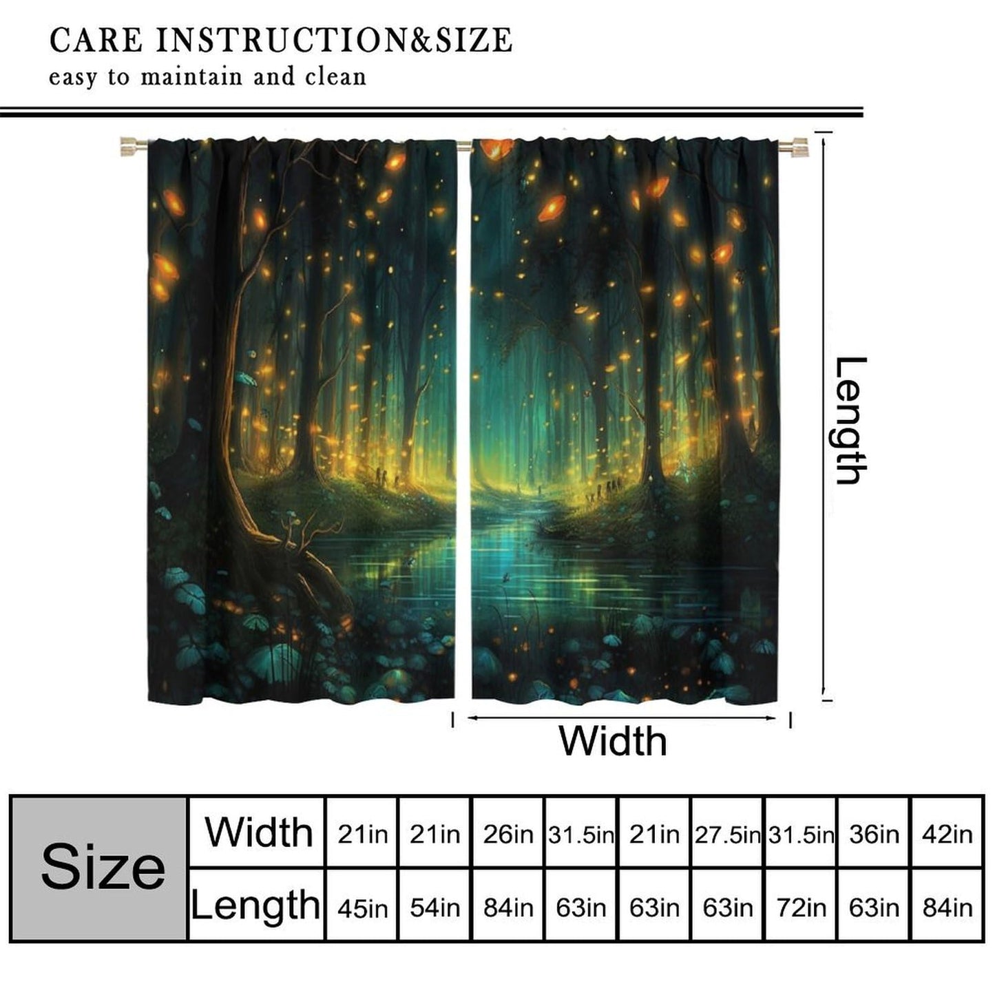 SYZWWSYX Magic Forest Window Curtains, Fantastic Trees Stream Flying Fireflies Pattern Print Drapes for Kitchen Bedroom Living Room Window Treatments 2 Panel Sets, 42x45 Inch